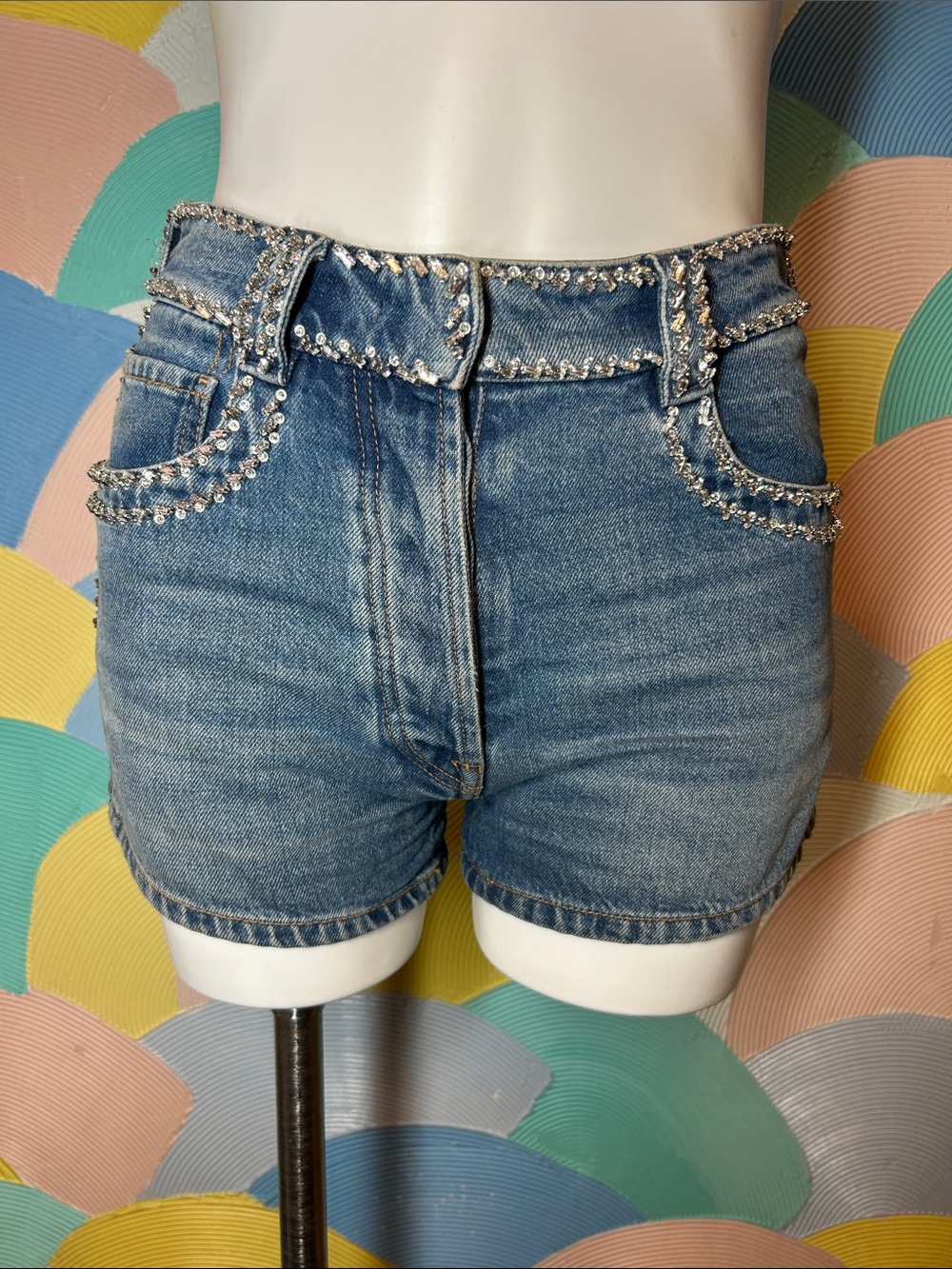 Prada Light Blue Denim Shorts with Crystal and Strass Trim made in Italy sz 25